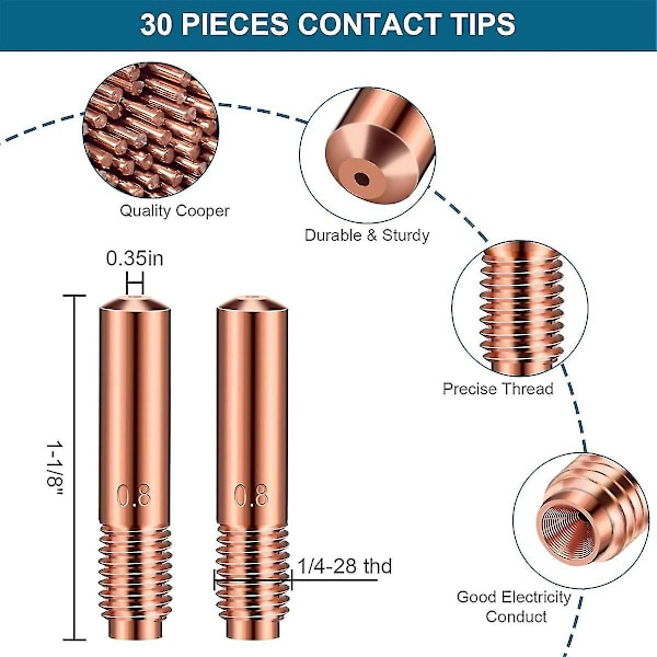 MIG sveisepistol tilbehørsett, 0,030 tommers kontakttupper gassfri dyse diffusor kompatibel M-100/150 Hobart H-9/10 sveiser