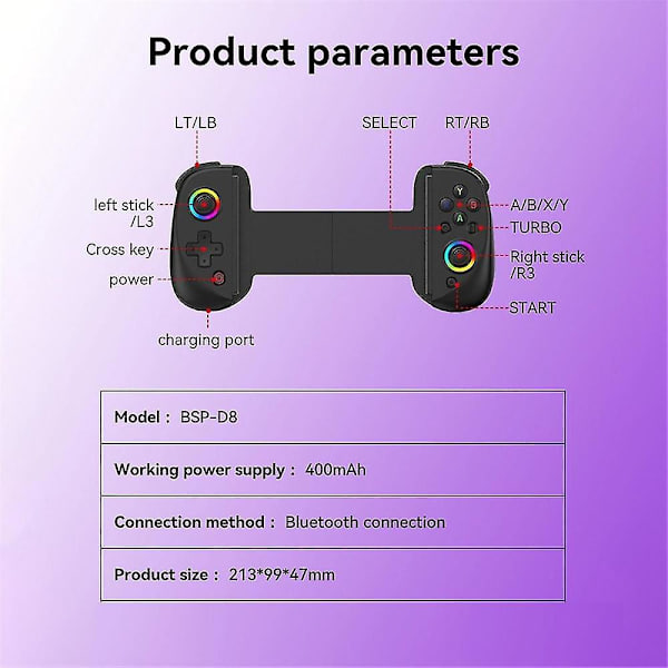 D8 Mobil Stretch med Let Gamepad til Dual Hall Trådløs Bluetooth Pc Tablet Switch Kropsvibrationsgreb, Sort