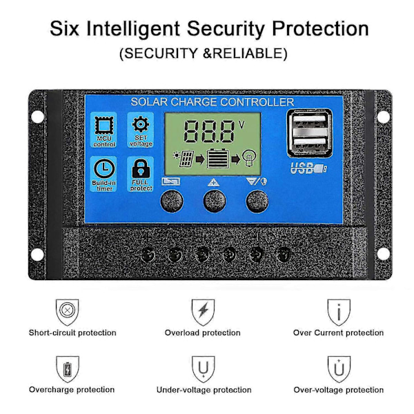 Solar Laderegulator, 30a Solcellepanel Regulator 12v/24v Pwm Auto Parameter Justerbar LCD-skjerm Solcellepanel