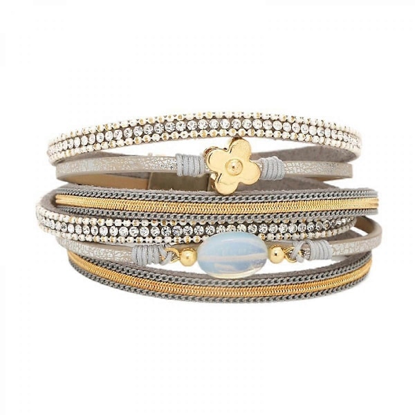 Flerlags Lær Armbånd Hjerte Moderne Boho Armbånd med Magnetisk Spenne Mansjett Rhinestone Lær Armbånd for Kvinner