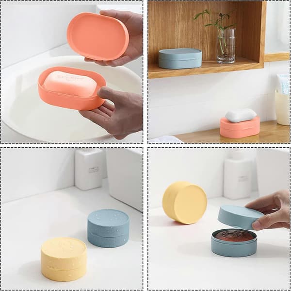 Bærbar oval og rund sæbeæske 4-delt sæt med 4 skumnet i plastmateriale, velegnet til hjemmerejser