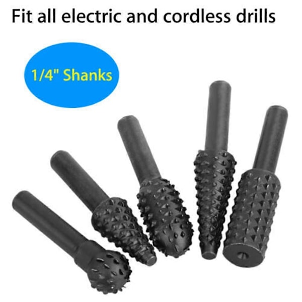 5-pack Rotarys Borrset Universal Träskärvningsfil Rasp Borr för Polering Gravyr