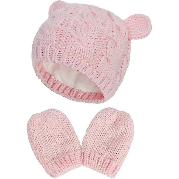 Nyfödd Baby Vintermössa och Vantar Set Spädbarn Småbarn Varm Stickad Mössa och Vante Set för Pojkar Flickor Rosa, S