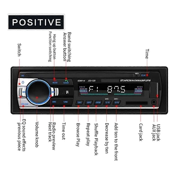 12V Auton MP3-soitin 60Wx4 Bluetooth Audio Radio Multimedia Autoradio Soitin kojelaudassa Tukee USB TF