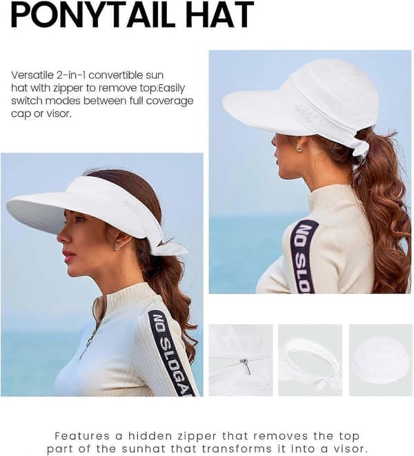 Hatte til kvinder UPF 50+ UV Solbeskyttende Konvertibel Strand Visir Hat White