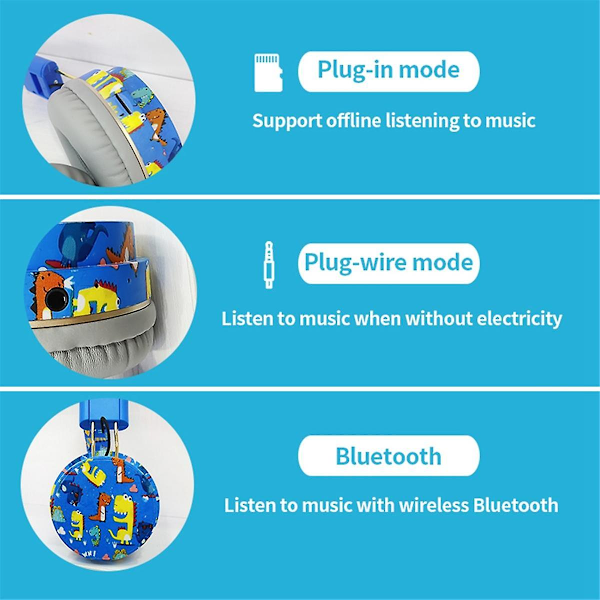 Trådløse Bluetooth-hovedtelefoner med mikrofon, dinosaur, stereo, musik, øretelefoner, TF-kort, hovedtelefoner