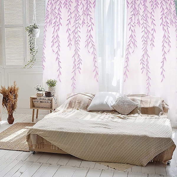 Gardiner med blader, vindusgardiner med vinrankemønster, tyllgardin med pil, 200 x 100 cm, lette gardiner, grønt vindusgardinpanel, lette kapper til stue