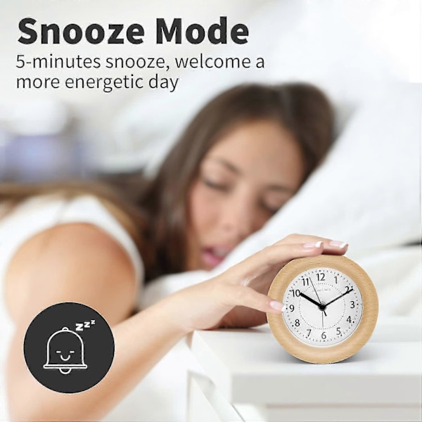 Träväckarklocka med Snooze - Analog, Tyst, Nattlampa