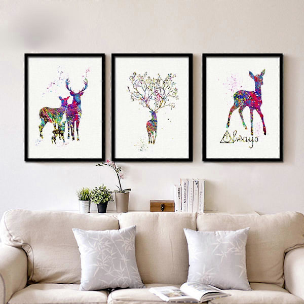 Wekity Vandfarve Elg Væghængt Canvas Print Poster, Enkel Mode Vandfarve Kunsttegning Dekoration til Hjemmet Stue Soveværelse Kontor og Børneværelse