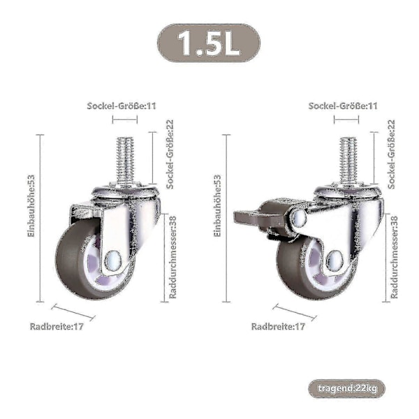 M8 Gängad Stam Gummi Kraftig Svängbar Hjul För Handvagn, Arbetsbord, Möbelhjul, 1,5 Tum, Gängdiameter: 8mm, Längd 20mm, 2st Wi
