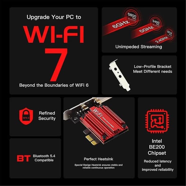 Wifi 7 Pcie -langaton sovitin Be200 Bluetooth 5.4 Tri Band 2.4G/5G/6Ghz 8774Mbps /11 64Bit Wifi 6E