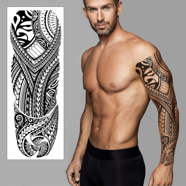 Midlertidig overføring av tatoveringshylser - Full Arm Tribal Vanntett Fake Tattoo Sticker For Men Women - By Delusion Tattoos