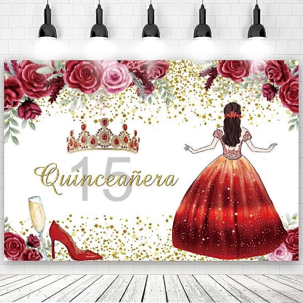 Quinceanera 15-årsdag Bakgrunn for Jenter Miss Quince 15 År Gammel Fest Bakgrunn Rød Blomsterkjole Prinsesse Femten Bakgrunn Kaketabell Banner (7x