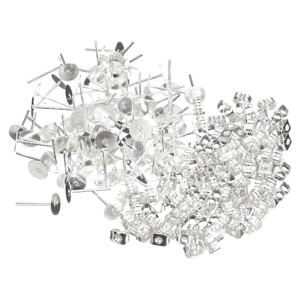 200 stk Øredobber Stud Ørepinner 6mm Pads & Mutter Bakstykker Sølvfarget Kirurgisk Stål DIY Ny