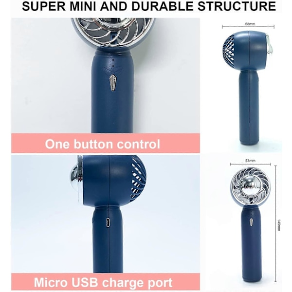 Bärbar Handfläkt, Liten USB-Bordsfläkt, Mini Handhållen Laddningsbar Personlig Fläkt med 3 Hastigheter för Sovrum/Hem/Kontor/Utomhus/Pendling