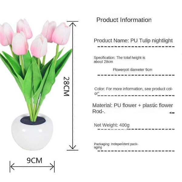 Tulipanlampe, Simulert Tulipannattlys for Stue Soverom med Vase, Bordlampe Ornamenter for Hjem Stue Dekor (Rosa)