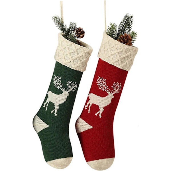 Julstrumpor, Stor Storlek 2-pack 46 cm Extra Lång Handstickad Röd/Grön Ren Snöflingor Julkaraktär för Familjehelgdekoration