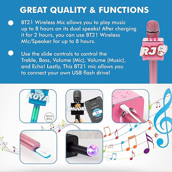 BTS Bluetooth Trådløs Mikrofon & Højttaler, Alle Syv BTS Karakterer i Deres Egne Søde Farver (MANG)