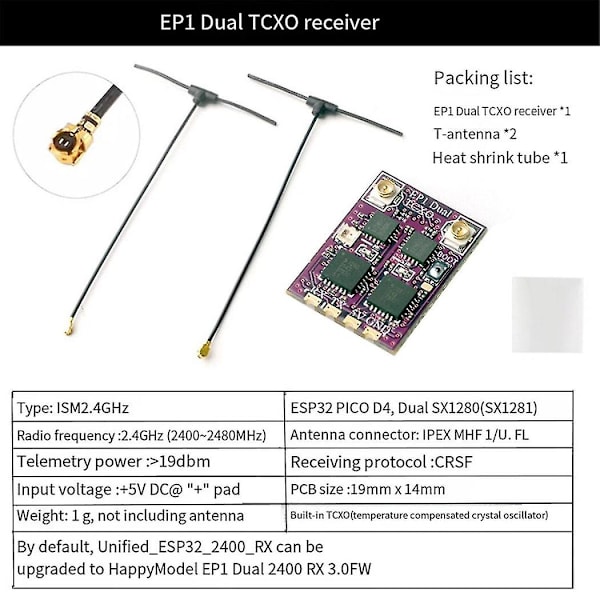 Ep1 Dual Tcxo -vastaanotin Esp32 2,4 GHz 2400-2480 MHz Crsf Elrs Mini Fpv -kilpa-drone-vastaanotin Ep1 Dual Tcxo