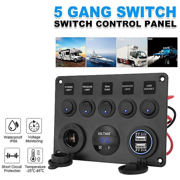 5-vejs kontaktpanel, 12V/24V inline sikringsboks LED-kontaktpanel dobbelt USB-stik strømudtag LED volt