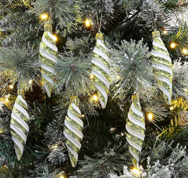 Pakke med 11*3mm store spiralformede kuler - Glansfull & Glitterdekorert - Julepynt (Gull)
