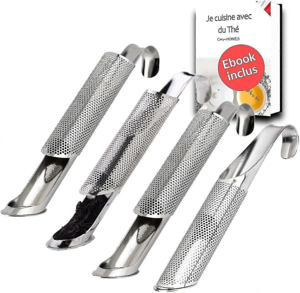 4 stk. te-infusionsenheder i rustfrit stål med fintmasket filter | Pibe-diffuser til krus, kop, termokande, rustfrit tilbehør til urte-te infusion, løse urter
