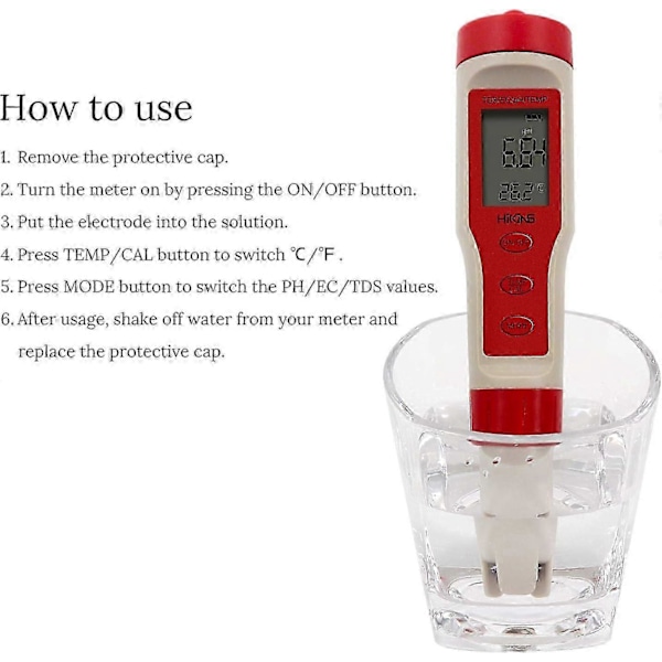 WJTG Digital vattenkvalitetsmätare Hög precision 4 i 1 PH/TDS/EC/Temp-testare för akvarier Hydroponik Pool Spa DricksvattenJ