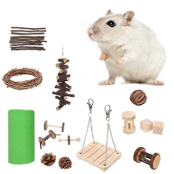 15 stk. Hamsterlegetøj Naturligt Træ Skjulested Bevægelse Kindtænder Legetøj til Chinchillaer Marsvin Kaniner