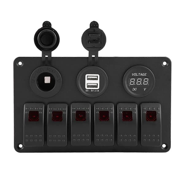 12V 24V 6-vägs Bilbåt Marin LED-Vippbrytarepanel Dubbel USB Voltmeter Cigarettändare Röd