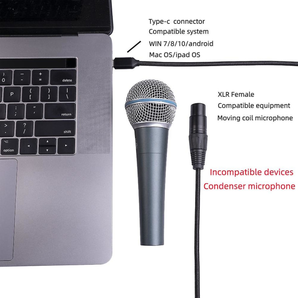 USB-C-XLR-sovitin, USB-C-urosliitin 3-nastaiseen XLR-naarasliittimeen, mikrofonikaapelin liitin, tietokoneen ääni- ja datakaapeli, 3 metriä