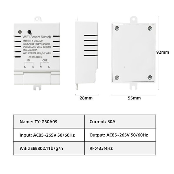 Tuya Smart WiFi -kytkin DIY -ajastin AC 85-265V WiFi -langaton ohjain 30A tehonvalvonta Kwh Alexille