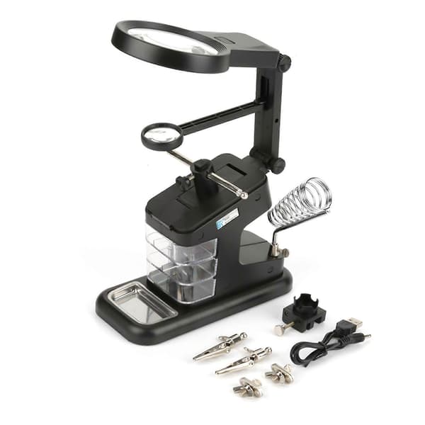 USB Elektrisk Loddekolbe Arbejdsstation med 3X/4.5X/25X Lup LED Lys Board Clips (Sort)