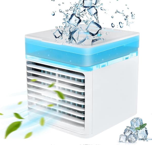 Mini Airconditioner, 3 i 1 Bærbar Mini Luftkøler, Luftkøler & Luftfugter Ventilator & Luftrenser med 3 Justerbare Hastigheder 7 LED-lys