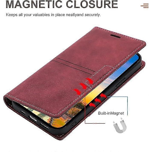Etui til iPhone 13 Pro Etui med kortholder rød PU læder etui Wallet Flip til Apple iPhone 6.1 tommer