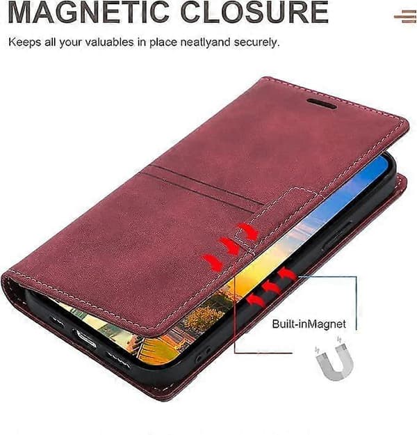 Etui til iPhone 13 Pro Max med kortholder, rød PU læder etui, flip wallet til Apple iPhone 6.7 tommer