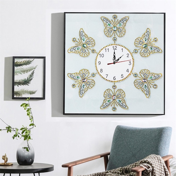 Diamantmålning Väggklocka 5D DIY Djurmönster Fjäril Specialformad Stark Vidhäftning Broderi Korsstygnsur