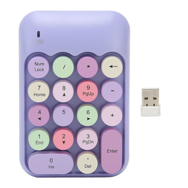 2,4 GHz trådløst numerisk tastatur med 18 taster, retrofarvede runde tastehætter, mini-nummer tastatur med USB-modtager til bærbar computer, lilla farve YEMMA