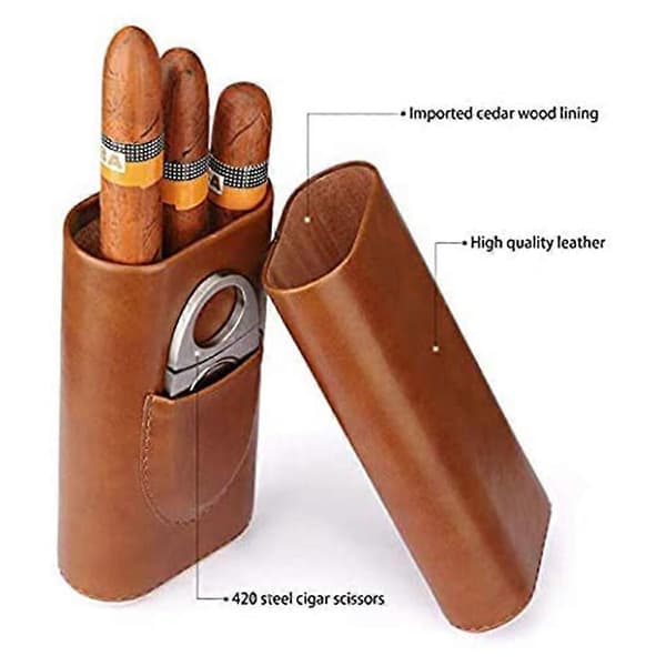 3-fingers cigarrfodral i läder, cigarrhumidor med cederfoder och cigarrsax i silverfärgat rostfritt stål