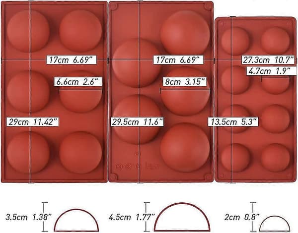 Halvkuleformet silikonformsett for sjokoladeball, kake, gelé, pudding, hjemmelaget såpe, pakke med 3