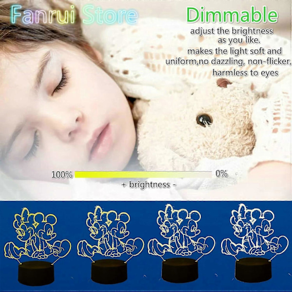 SBSG Mickey Minnie Figurer Nattlampa Sagoljus 3D Tecknad Mus Automatisk LED Barn Nattlampa Söt Perfekt 7 Färger Ändras Pojkar Flickor Rum Dekor Barn