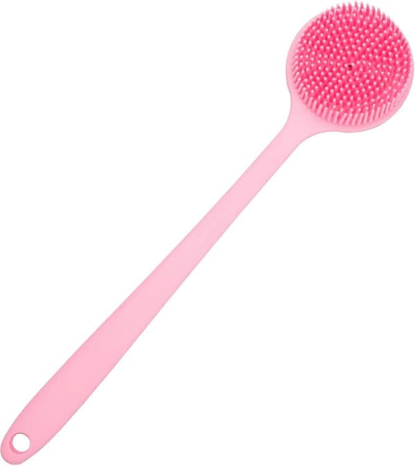 Rygskrubber til bad, blød silikone badebørste med langt håndtag (Pink)