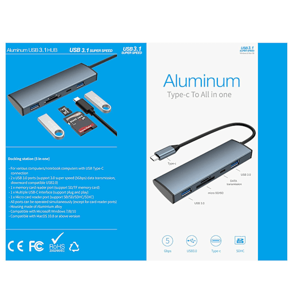 SD-lukulaite/ääniversio USB-C-keskitin USB-C-kannettavan tietokoneen telakointiasema 5-in-1-sovitin