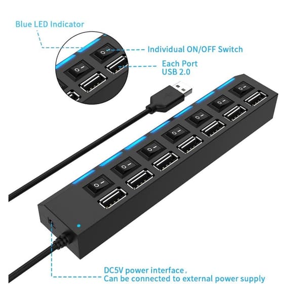 7-portars USB 2.0-hubb med oberoende LED-brytare, 5 Gbps dataöverföring, universell USB-förlängningskabel för bärbar dator, PC
