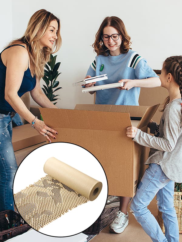 Honeycomb-förpackningspapper för flyttmaterial, miljövänligt förpackningspapper, återvinningsbar honeycomb-pappersrulle med perforerad design