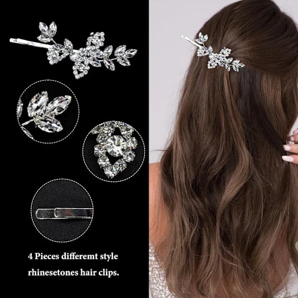4 st strasslövs hårnålar, silverkristall bröllopshårklämmor, brudhårnålar för brudtärnor blomsterflickor silver