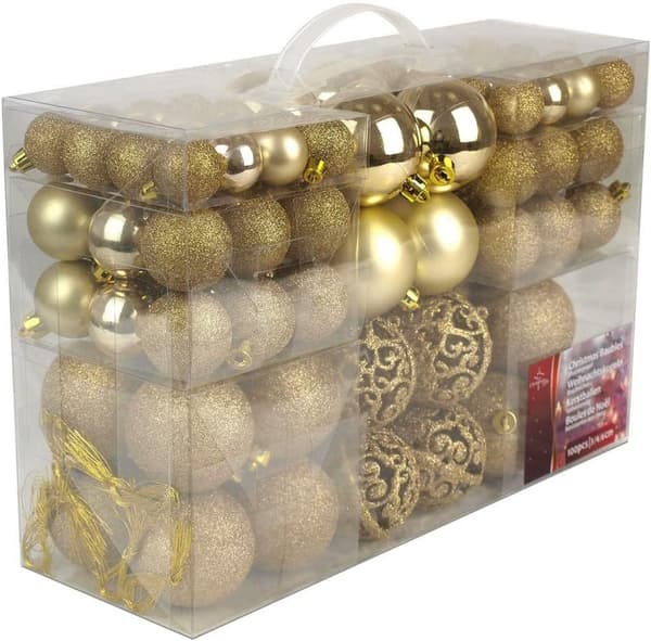 Julklappar, plastkulor 100x guld