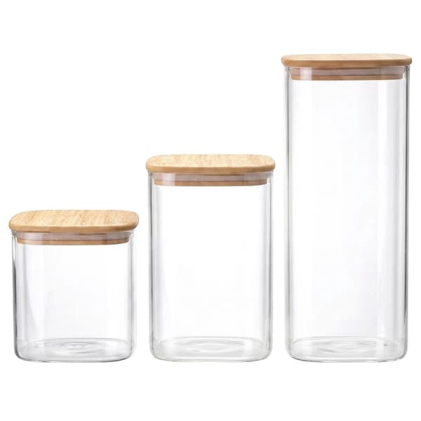 Matförvaringsburkar i glas med bambulock, set om 3