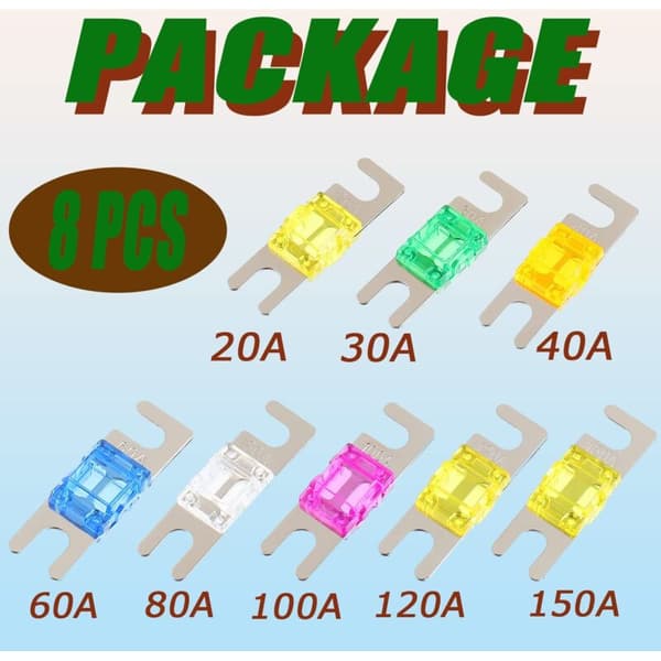 8-pack ANL-minisäkringar: 20A, 30A, 40A, 60A, 80A, 100A, 120A, 150A för bilstereo- och videosystem