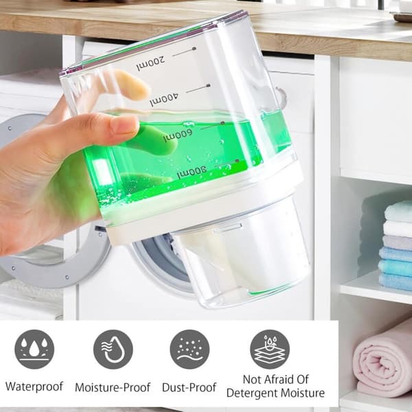 Lufttæt vaskemiddeldispenser med målebæger. Opbevaringsboks til vaskemiddel. Dispenser til flydende vaskemiddel. Korn-dispenser (1100 ml)