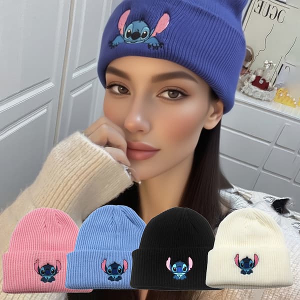 Stitch-broderad mössa - Lätt, stretchig polyester, varm julklapp för par, unisex-mössa med justerbar passform